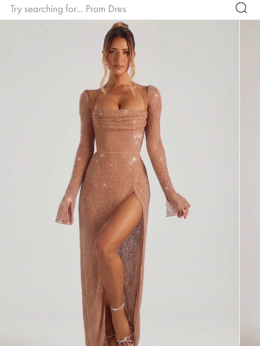 Oh Polly Rose Gold Sparkle High-Slit Evening Gown